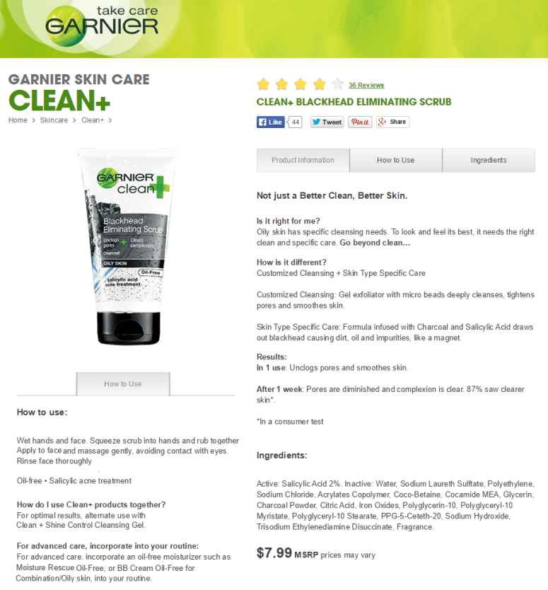 (US version of the charcoal scrub seemingly renamed as Garnier Clean+Blackhead Eliminating Scrub) Credit: Garnier US website 