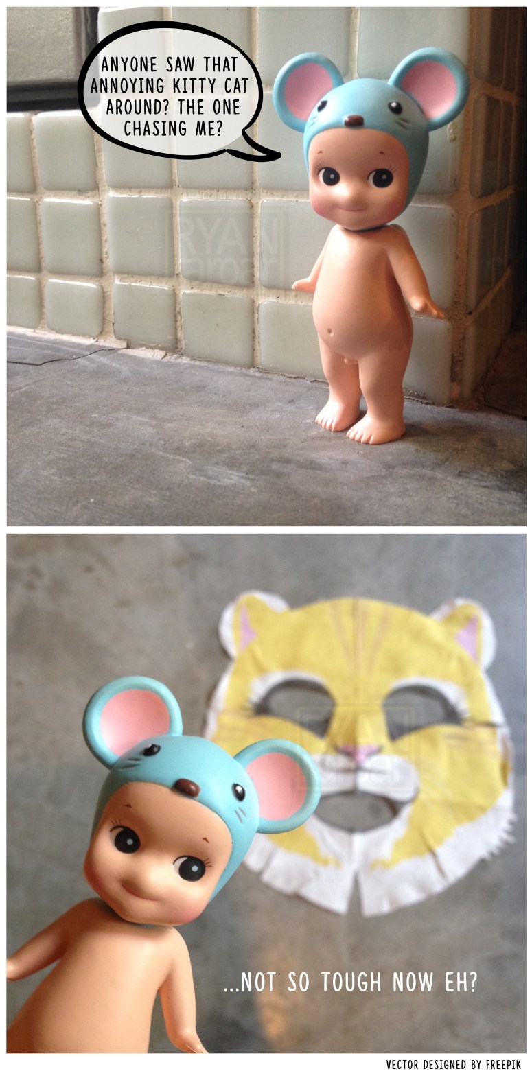 (Honestly, little Sonny Angel Mouse didn't had to fear the cat because he doesn't look overly scary. Right?)